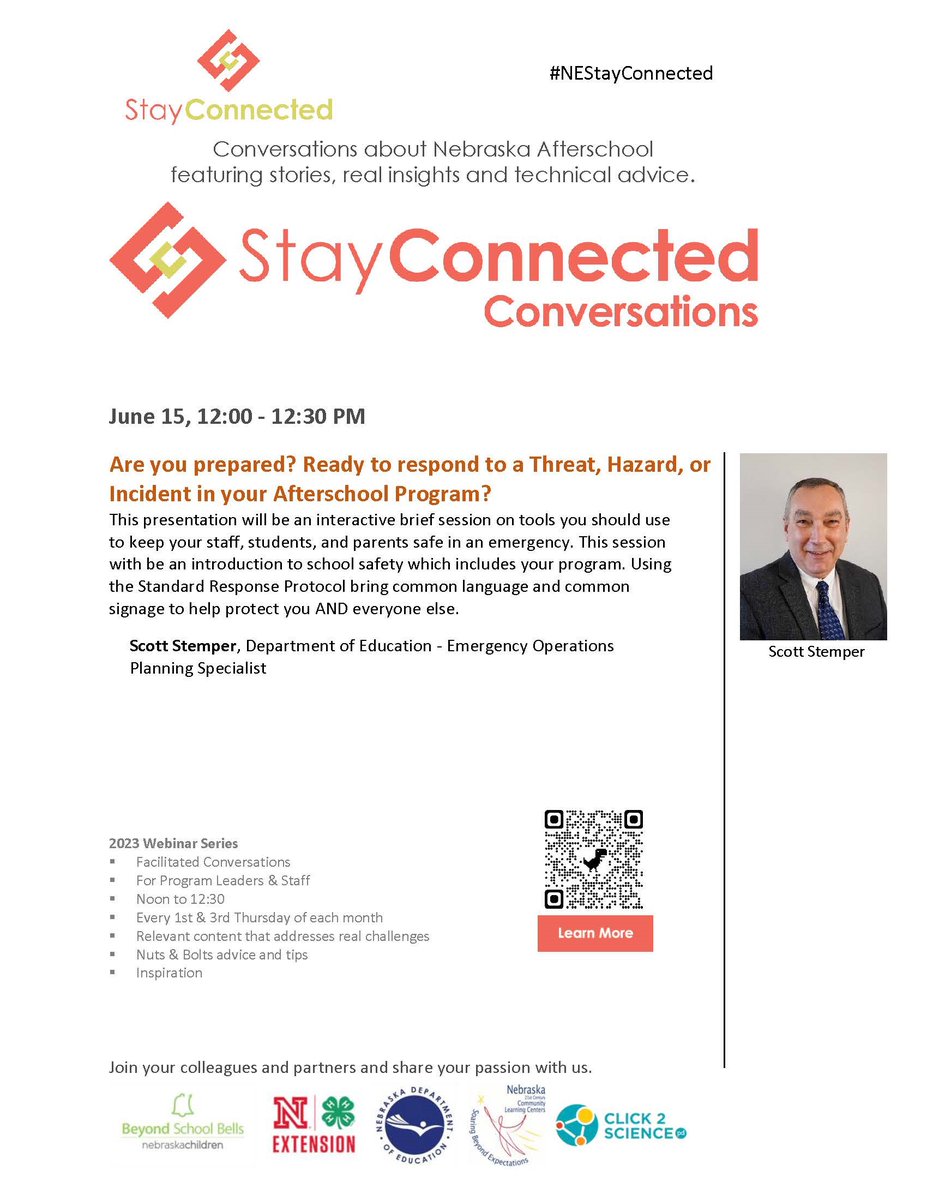 Join us Thu, Jun 15 @ 12:00 PM CT for this important #NEStayConnected to learn ways to keep your staff, students and families safe during your afterschool or summer program.

Find information on how to join here: education.ne.gov/21stcclc/stayc…

Invite others to join!

@NDESchoolSafety