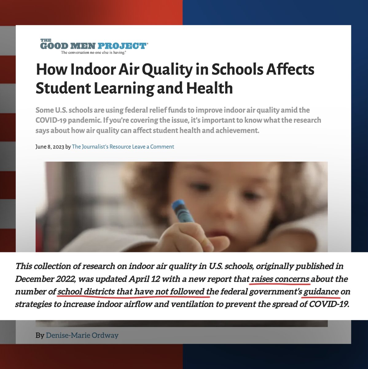 In 2021 @CDCgov recommends ventilation to prevent #Covid & @POTUS announced the distribution of 123B in emerg relief funds to support schools. Yet, CDC’s April23 report shows <49% of Sch. Districts have implemented ventilation improvements @GoodMenProject bit.ly/3NplwNv