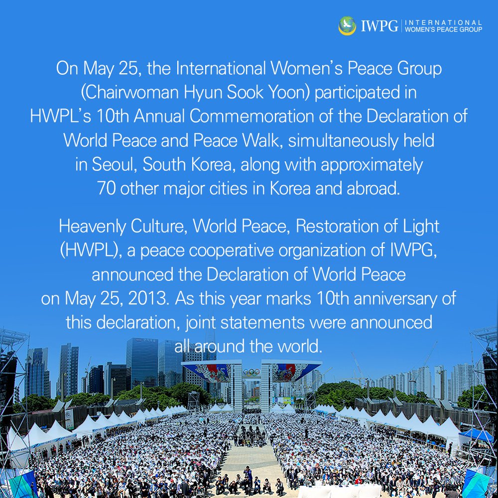 On May 25, the International Women’s Peace Group participated in HWPL’s 10th Annual Commemoration of the Declaration of World Peace and Peace Walk, simultaneously held in Seoul, South Korea, along with approximately 70 other major cities in Korea and abroad.

#525#IWPG#PeaceWalk