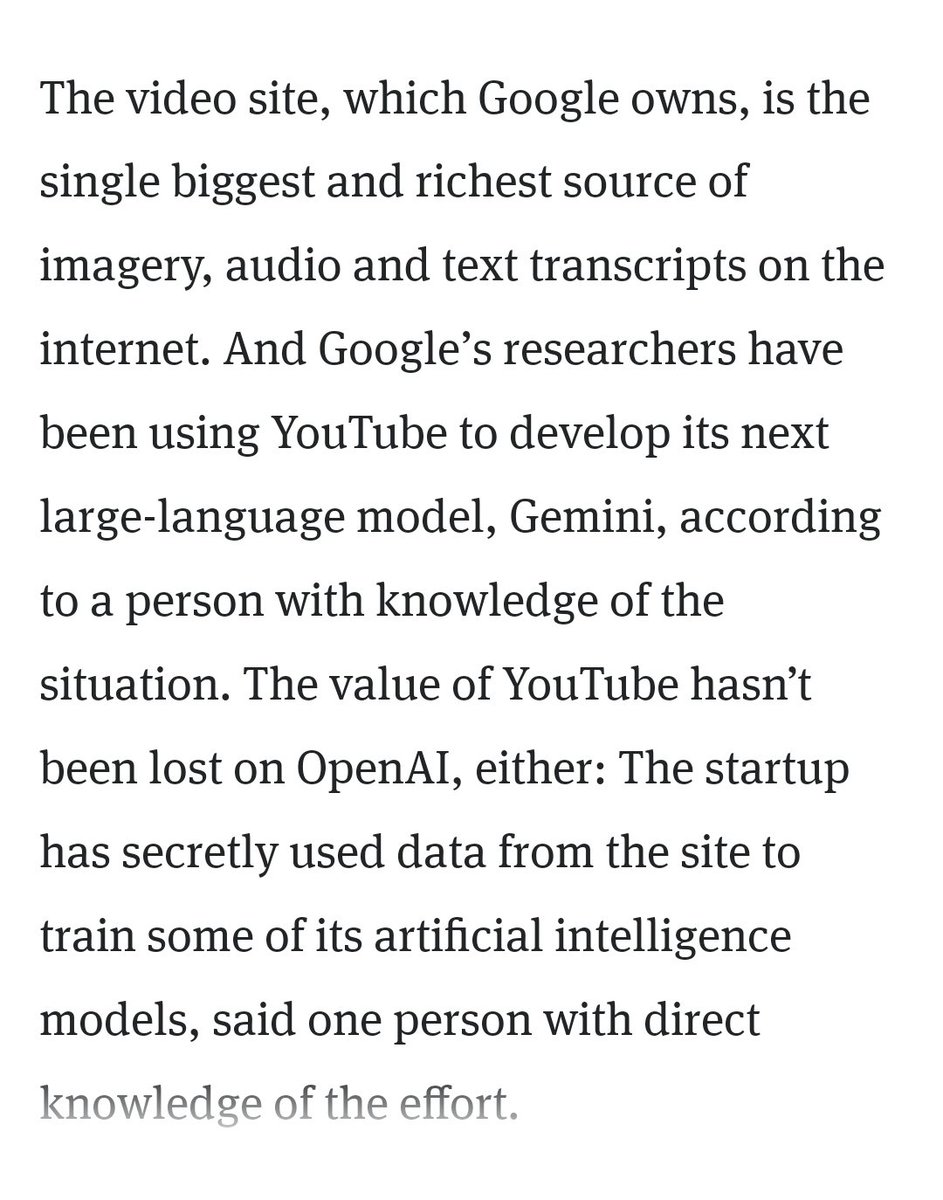 Allegedly, Google is training their AI on data from YouTube, and OpenAI 'secretly' stole the data as well.

What about the copyright infringement policies they've introduced in the past ten years? Was it all just a joke?

I miss the old Internet.

#ScamOfTheCentury