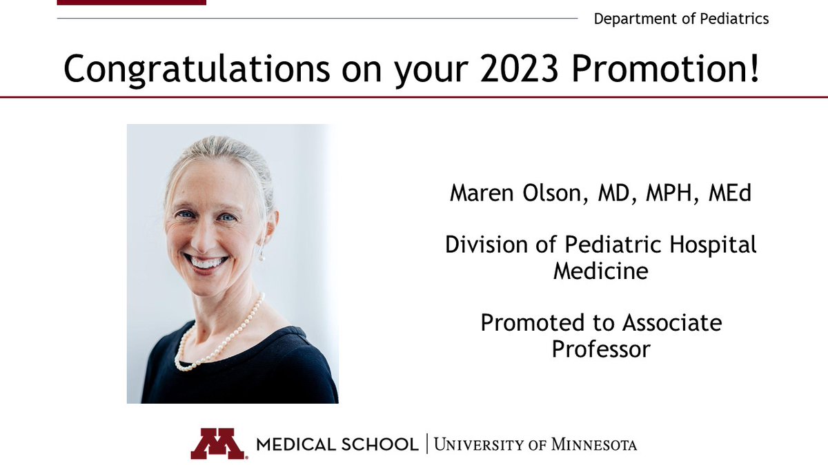 Congratulations to Dr. Maren Olson on her promotion to #AssociateProfessor! Dr. Olson has been a leader in #MedEd at both @childrensmn & #UMNPeds, particularly in @umnpedsres. She holds a leadership role in @UMN_CFAM, using storytelling to support connection, empathy, & healing.