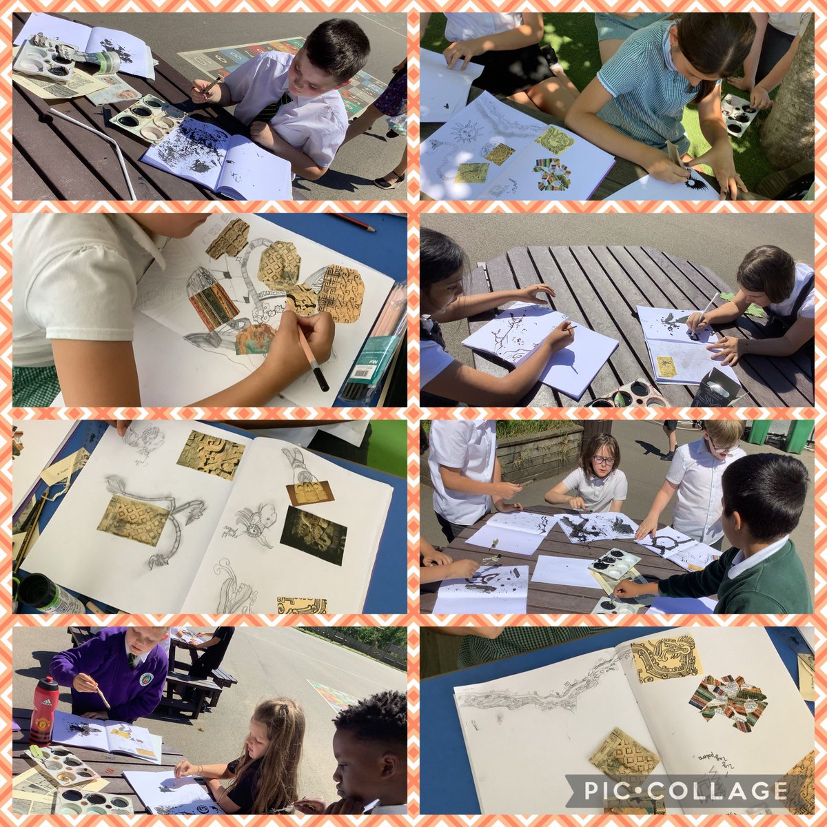What a lovely afternoon we have had exploring Mayan artwork outside in the sun and experimenting with mark-making using found materials. @StJosephStBede @kapowprimary #sjsbArt #markmaking #inspiration