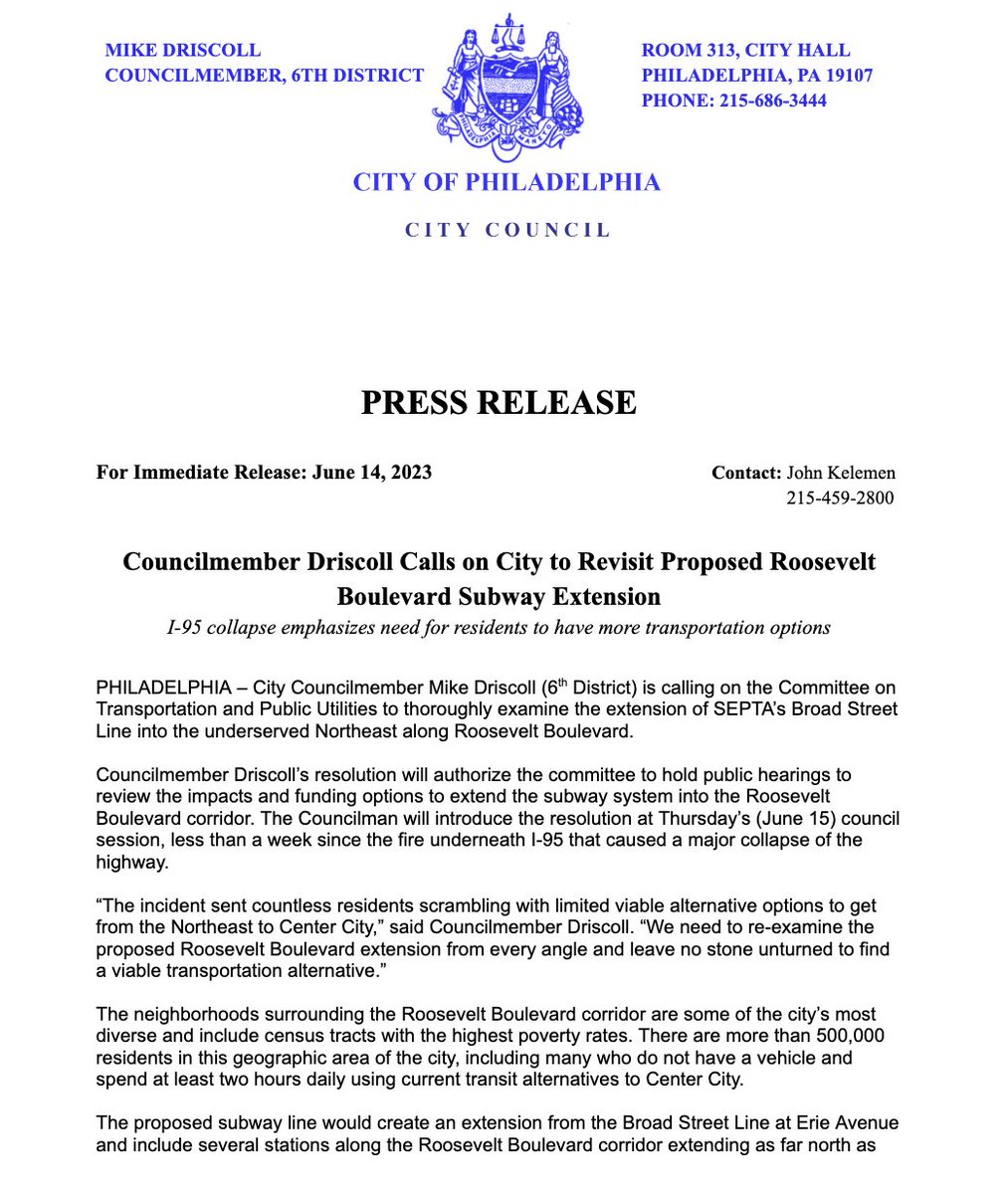 BlvdSubway's tweet photo. Councilmember @DriscollForPHL  Calls on City to Revisit Proposed Roosevelt Boulevard Subway Extension.