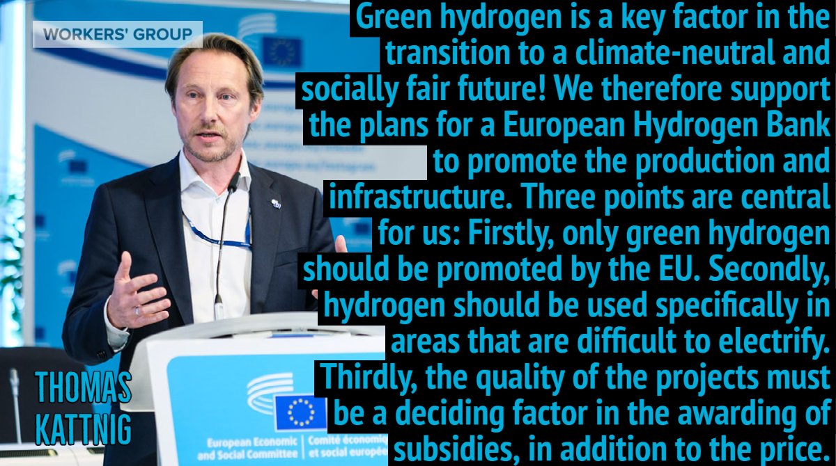 The #EESCplenary is discussing the opinion on "EU Hydrogen Bank" by the rapporteur of our group <a href="/ThomasKattnig/">Thomas Kattnig</a> 

Green hydrogen, focusing on areas that are difficult to electrify and the quality of the projects, are the main ideas within this opinion.

#Energy #Hydrogen