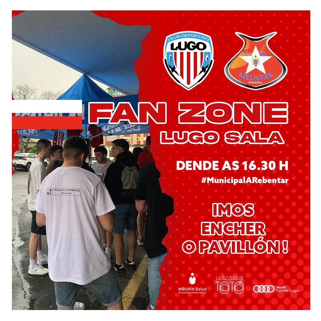 ADCLugoSala's tweet photo. | FAN ZONE LUGO SALA 🍻⚽️ | 

👉 A partir das 16:30 H habilitarase de novo a #FanZoneLugoSala no Pavillón Municipal de Lugo ! 🥳

➡️ Hinchable 3x3, música, bar, sorteo de agasallos, previa...

Apúntate a desfrutar dunha  atmosfera única ! 🙌

#LugoMelistar #MunicipalARebentar https://t.co/oYLjrWmG0x