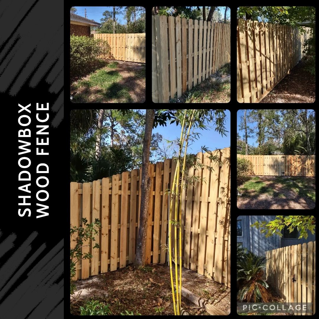 For the customer's added privacy, we had this shadowbox wood fence step up from 6 feet to 8 feet. Are you looking for something similar? Reach out at allfloridaenterprises.com.