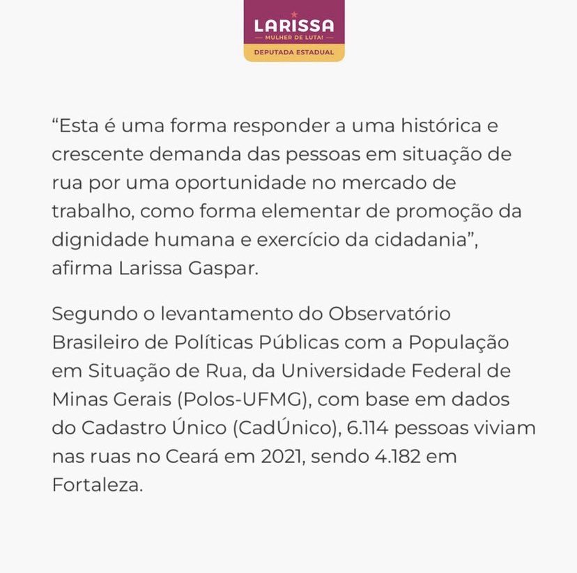 Larissafgaspar's tweet image. A imprensa repercutiu nossa Indicação 375/203, que trata sobre a reserva de percentual de vagas de emprego em serviços e obras públicas para pessoas em situação de rua no Ceará.

👉 Leia a matéria completa arrastando pro lado 👉

#pessoasemsituaçãoderua #direitoshumanos