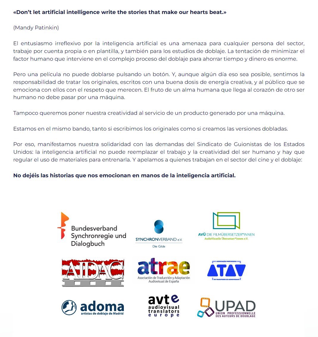 ➡️ Desde ADOMA apoyamos la lucha del Sindicato de Guionistas de Estados Unidos contra la falta de regularización ante las Inteligencias Artificiales.

“No dejéis las historias que nos emocionan en manos de la Inteligencia Artificial.”

#SinGuionNoHayPelícula ✊🏻
