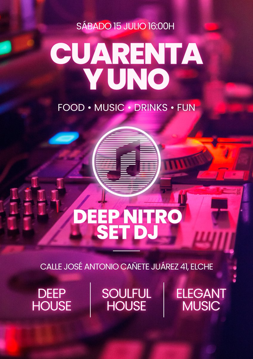 NITROSALAZAR's tweet photo. 🎧 Sábado 15 Julio 16:00h 🎧 Deep Nitro Set Dj @ 41 Gastro "𝐹𝑜𝑜𝒹, 𝑀𝓊𝓈𝒾𝒸, 𝒟𝓇𝒾𝓃𝓀𝓈 &amp; 𝐹𝓊𝓃". El mejor sonido #deephouse #soulfulhouse #chillout #nudisco #elegantmusic #cocktails
📍 Gastrobar 📍 Cocktails 📍 Calle José Antonio Cañete Juárez 41, Elche (Alicante). https://t.co/GzqVtHqPym