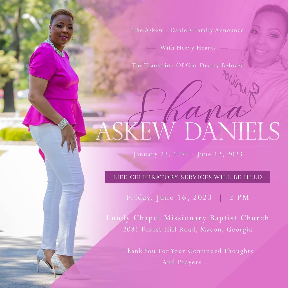 sportsguymarv's tweet photo. Shana Askew Daniels was immensely faithful to the Lundy Chapel church and we take this time to mourn and pray with her husband Marquis, mother Mary Jo, and children, Jasmine, Syriah, and Antwane. 

Please see the official announcement for more information. https://t.co/enI8sD6oUn