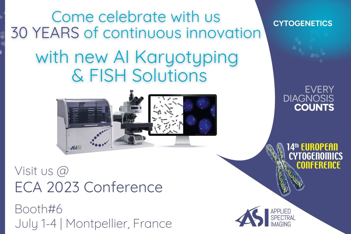 #Cytogenetics pros, join us at #ECA2023 in France (July 1-4, 2023) to discover #ASI's #AIpowered automated #karyotyping. 
Let's advance patient care with #diagnostic progress in #Cytogenetics and celebrate our 30th anniversary together!
@Cytogeneticists
#ASI30Years #LabSolutions