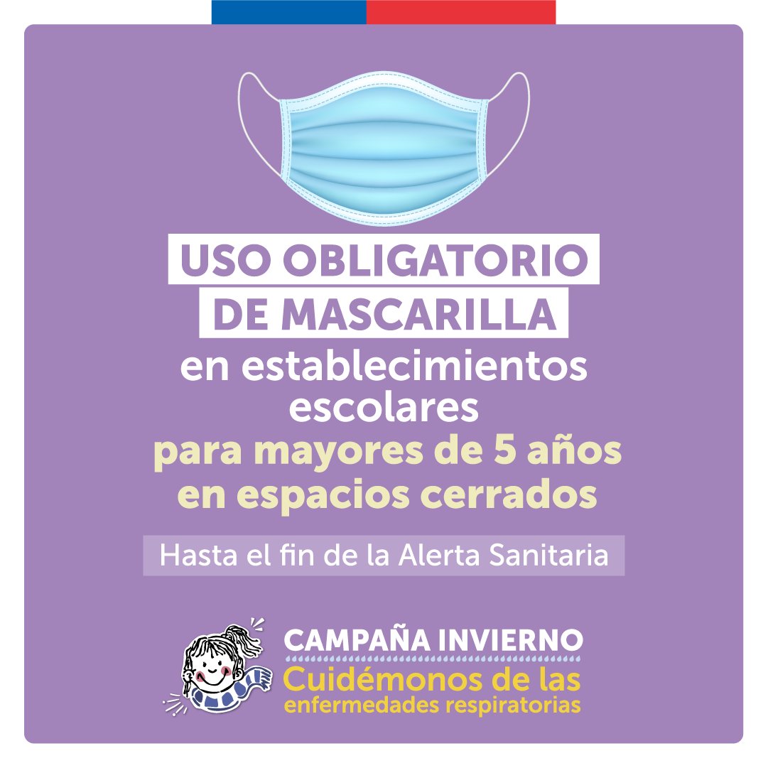 ministeriosalud's tweet photo. 🔵 ATENCIÓN| el uso de mascarilla es obligatorio en establecimientos escolares para:

➡️ Personas mayores de 5 años en espacios cerrados.

👉🏾La medida se extenderá hasta el fin de la Alerta Sanitaria. https://t.co/8ffusJFPXA