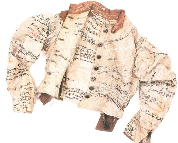 Linen jacket by Agnes Richter, a seamstress who was placed in a Heidelberg psychiatric hospital during, late 1800′s, who embroidered her life story onto the jacket as an attempt to regain her identity. One of the many true stories in the @womensart1 book Unravelling Women's Art