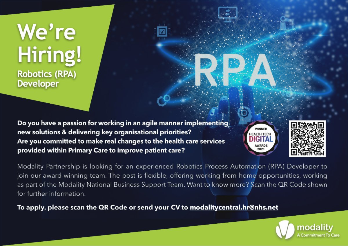 ModalityEastSur's tweet image. We're hiring! Remote working opportunity for an experienced Robotics (RPA) Developer - find out more by scanning the QR Code or visiting - modalitypartnership.nhs.uk/jobs-3/robotic…
#robotics #rpavacancy #rpajobs #roboticsjobs