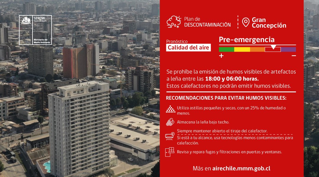 🌱<a href="/mmabiobio/">Seremi Medio Ambiente Biobío</a> informa pronóstico Calidad del Aire Plan de Descontaminación del #Concepcionmetropolitano para el jueves 15.06.23 es PRE EMERGENCIA <a href="/o_reicher/">Óscar Reicher</a> <a href="/DPRBiobio/">Delegación Presidencial Regional del Biobío</a>
<a href="/munitome/">Municipalidad Tomé </a> <a href="/MuniChiguayante/">Municipalidad de Chiguayante</a> <a href="/munitalcahuano/">MuniTalcahuano</a>
<a href="/munipenco/">Municipalidad Penco</a> <a href="/muni_hualqui/">Municipalidad de Hualqui</a> <a href="/CoronelMuni/">Muni Coronel</a> <a href="/Muni_Concepcion/">Municipalidad de Concepción</a>