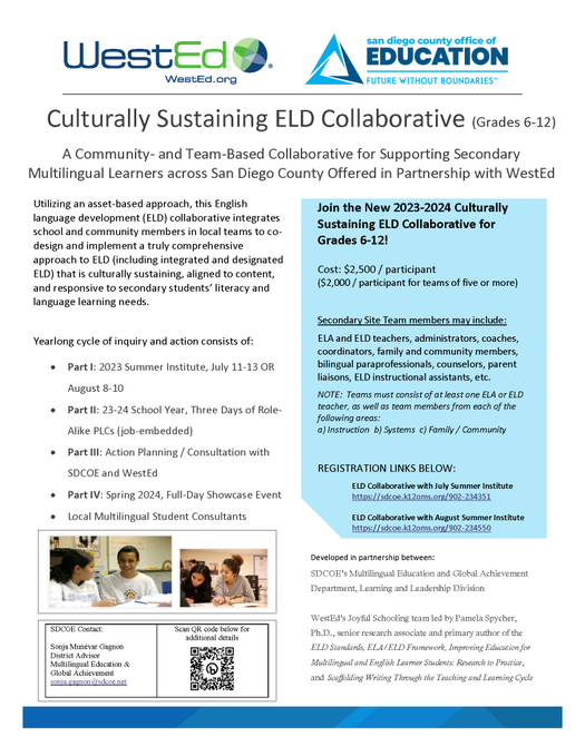 CuevasAntillon's tweet photo. NEW!  ELD support for secondary teachers via a
@WestEd
and
@SDCOE
collaboration:  -joyful schooling!  Register: July 11-13 Summer Institute  OR Aug. 8-10 Summer Institute  + all other dates and activities included in the Culturally Sustaining ELD Collaborative https://t.co/VEAcduF22o
