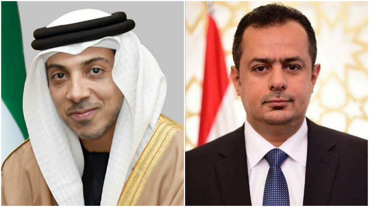 رئيس الوزراء د.معين عبدالملك <a href="/DrMaeenSaeed/">معين عبد الملك Maeen Abdulmalek</a> يتلقى اتصالا من سمو الشيخ منصور بن زايد @HHMansoor، نائب رئيس دولة #الإمارات العربية المتحدة نائب رئيس مجلس الوزراء وزير ديوان الرئاسة، جرى خلاله مناقشة العلاقات الثنائية، ومساعي احلال السلام وجهود الحكومة للتعاطي مع التحديات والحفاظ على