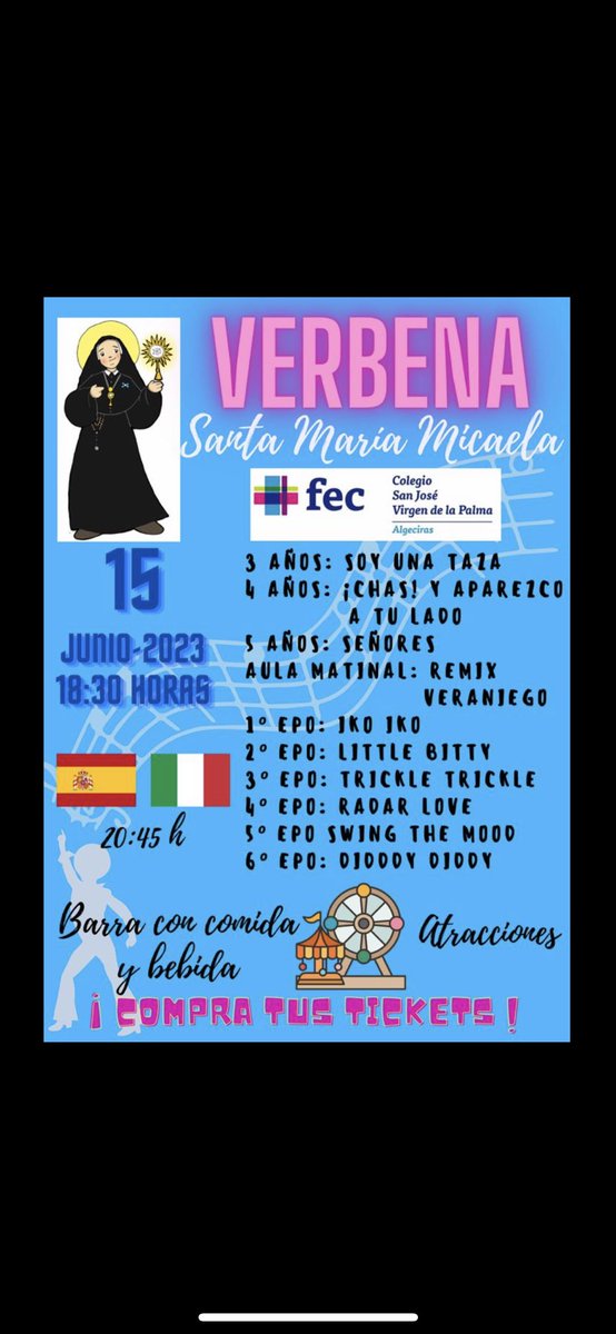 fecsjvp's tweet photo. ¿Que tienes pensado hacer mañana jueves por la tarde? Te proponemos el mejor plan:

- Bailes de final de curso
- Atracciones
- Barras con comida y bebida
- Música y Dj en directo
- Partido España-Italia🇪🇸🇮🇹

#ConCriterio @colegiosfec https://t.co/IaDojp9kAE