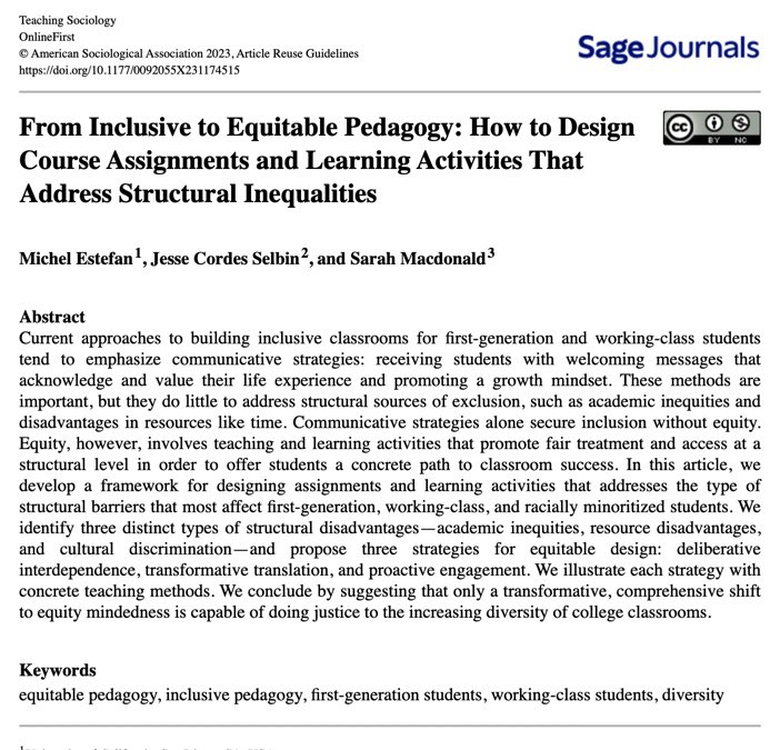 Teaching Sociology (@teaching_soc) on Twitter photo ⚡️Check out this article⚡️
This article is included in our July special issue. Want to learn ways to rebuild/restructure courses to better suit the needs of FGWC people? Well, this article is right for you! Access here:
doi.org/10.1177/009205…
<a href="/ASAnews/">ASA Sociology</a> <a href="/michel_estefan/">Michel Estefan</a> #FGWC ⚡️Check out this article⚡️
This article is included in our July special issue. Want to learn ways to rebuild/restructure courses to better suit the needs of FGWC people? Well, this article is right for you! Access here:
doi.org/10.1177/009205…
<a href="/ASAnews/">ASA Sociology</a> <a href="/michel_estefan/">Michel Estefan</a> #FGWC