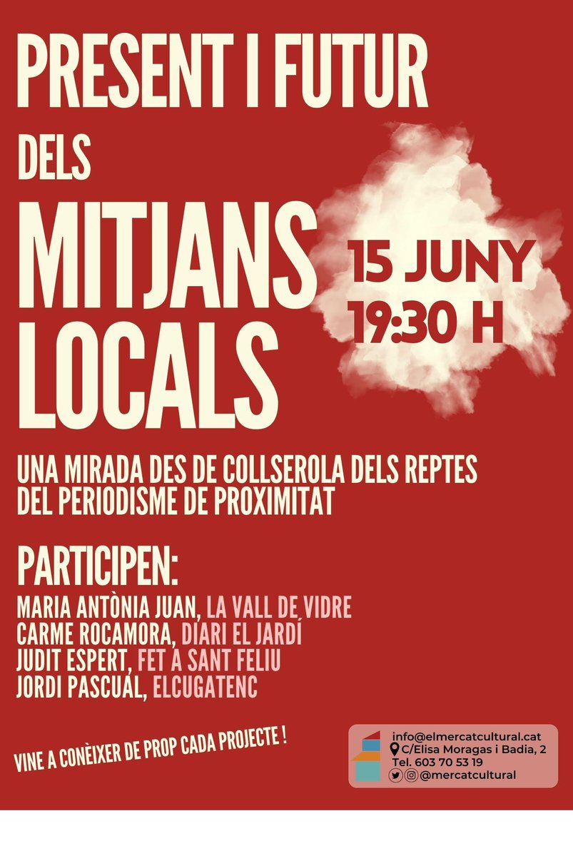 JoanCantimplora's tweet photo. 🌱 Demà moderem amb l'@EstellaMarcos una conversa sobre el present i futur del periodisme local amb mitjans de #Collserola.

📰 Serà al @MercatCultural i vindran membres del @diarieljardi, @fetasantfeliu, @elCugatenc i La Vall de Vidre - @AVVallvidrera! 😊 https://t.co/wrVwSBHB4c