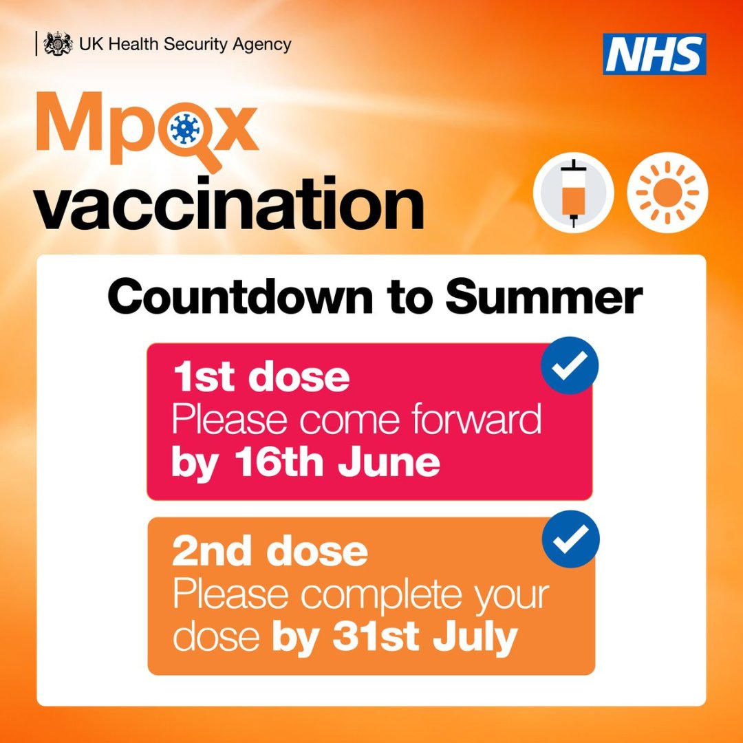 If you’re eligible for #mpox #vaccination, there’s still time to get your 1st, 2nd or both doses to get protected!

💉 Come forward by Friday 16th June for your 1st dose.
💉 Come forward by Monday 31st July 2023 to complete your dose. 

Book here! - nhs.uk/service-search…