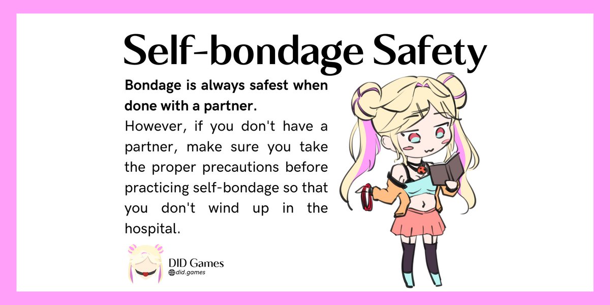 games_did's tweet photo. Safe Self-Bondage: a thread🪢(1/4)
Bondage is fun! But doing it alone is risky. With the help of the amazing @HatsukiHaeru, Deedee's cooked up a guide for all of you lovely kinksters💝
Make sure to spread awareness! Grab the pack here: https://t.co/XiRKQuActa https://t.co/vatxjl5Fkq