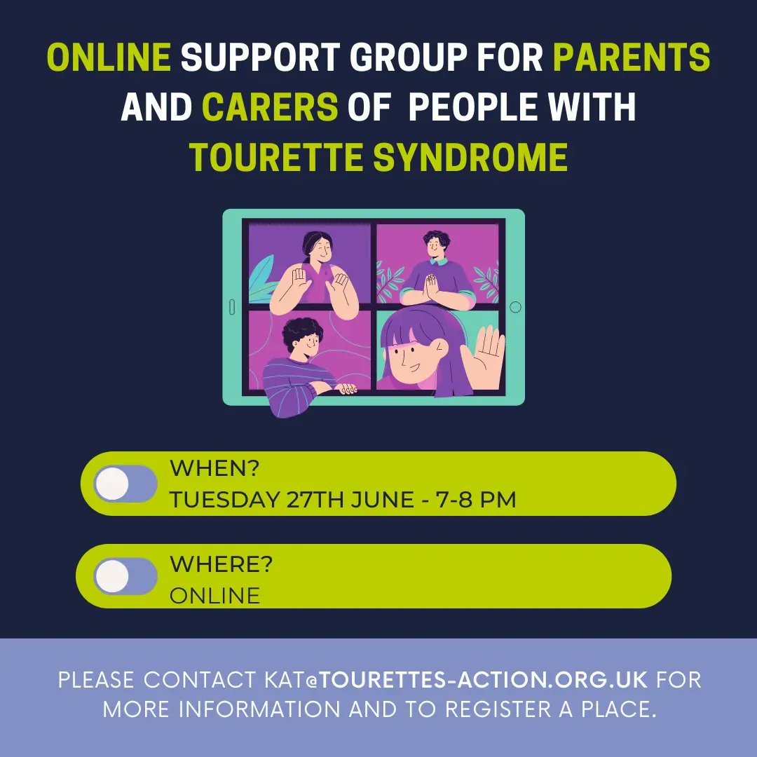 - Parent/Caregiver Online Support Group - 

Venue: Online 7pm - 8pm

Join us for an hour to meet other parents and caregivers for mutual support and a friendly chat.

BOOK YOUR PLACE HERE 
buff.ly/3GN6Pj3 

#Thisistourettes #tourettesawareness #tourettes #tic #tics