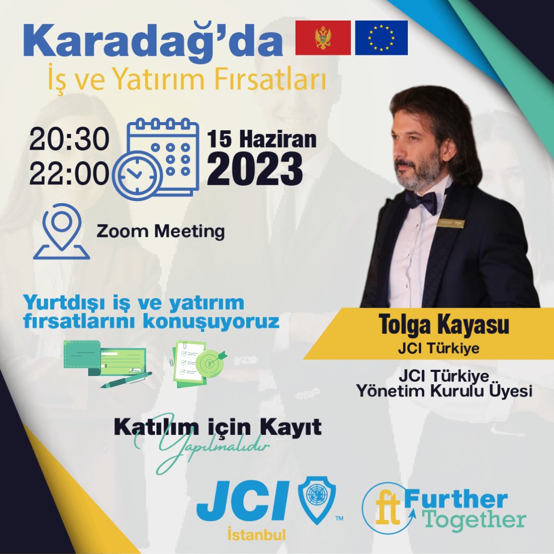 JCI Türkiye 2023 Yönetim Kurulu Üyesi Tolga Kayasu ile Karadağ'da ki iş ve yatırım fırsatlarını konuştuğumuz etkinliğe tüm takipçilerimiz davetlidir.

Toplantı Katılım Linki
us02web.zoom.us/j/87489515269?…

Toplantı Kimliği: 874 8951 5269 
Parola: 594646

<a href="/tolgakayasu/">Tolga Kayasu</a> <a href="/jciturkiye/">JCI TURKEY</a>
