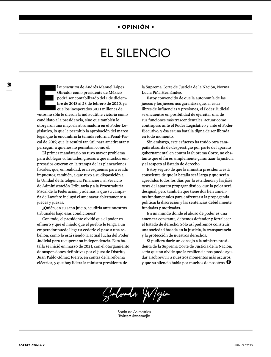 "Si pudiera darle un consejo a la Ministra Presidenta de la Suprema Corte de Justicia de la Nación sería que no olvide que la resiliencia nos puede ayudar a sobrevivir a nuestros momentos más oscuros, y que su silencio habla por muchos de nosotros"

Mi opinión en Forbes.
