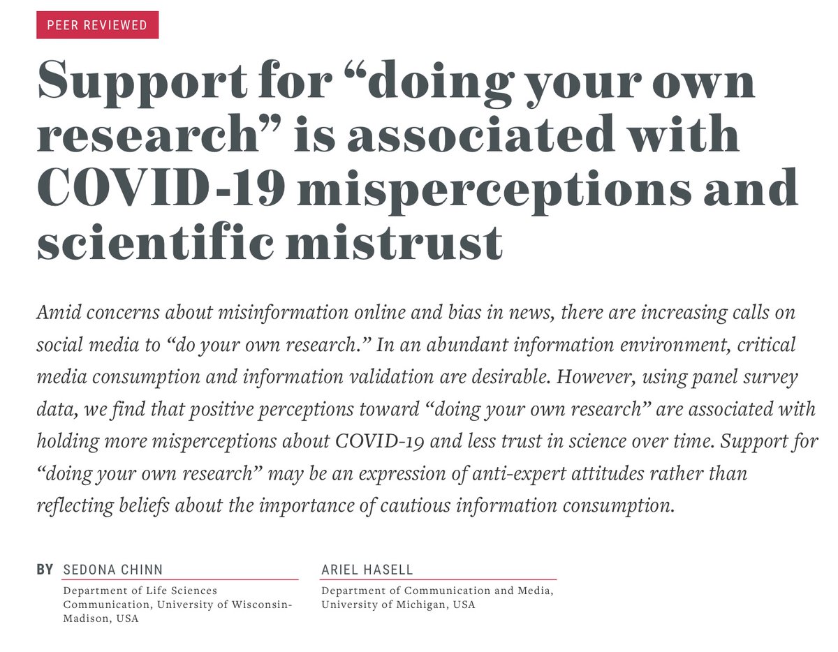 For the last 3+ years, @arielhasell and I have been exploring what it means to “do your own research.” The first (of many!) papers is out now open access! #dyor #scicom #polcom misinforeview.hks.harvard.edu/article/suppor…