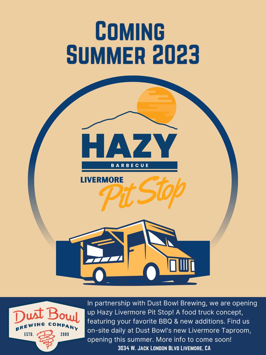Hazy Barbecue #2 coming this summer to Livermore 🚚! In partnership with Dust Bowl Brewing’s new taproom, find us on-site with our new food trailer concept the “Hazy Barbecue Pit Stop”. Featuring most of our BBQ menu and + some new additions.