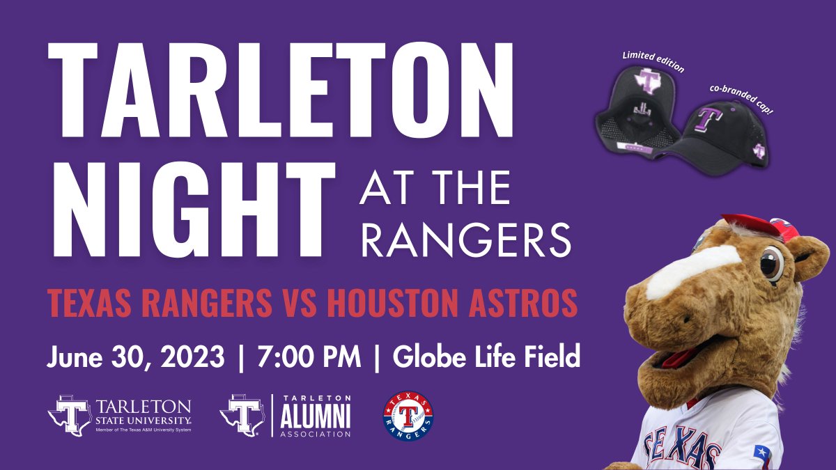 Join us Jun. 30 for Tarleton Night at the Texas Rangers and for a @TarletonAlum Alumni Association Happy Hour prior to the game!

The @TarletonAlum Happy Hour will be from 4:00 - 6:00 p.m. at Texas Live! in the Revolver Brewing Tap Room.

Purchase tickets: tarletonstate.us/Rangers-Ticket…