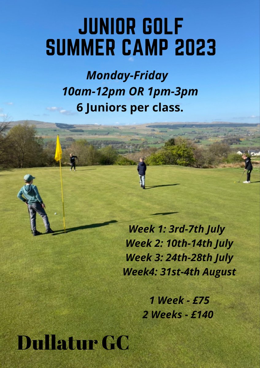 <a href="/dullaturgc/">Dullatur Golf Club</a> will be running Junior Golf Summer Camps during the school holidays for juniors of all ages and abilities, making good use of our practice facilities and two golf courses! Limited spaces available, message to book your spot! <a href="/GregorMonks/">Gregor Monks</a>