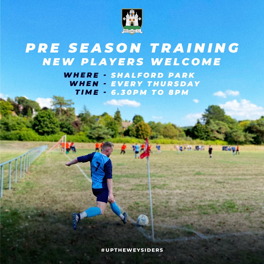 WeysidersFC's tweet photo. 🔴 PRE SEASON TRAINING 🔴

New players are welcome to come down and start training with us as we build a squad for next season.

Where - Shalford Park
When - Every Thursday
Time - 6.30pm to 8pm

Starting Thursday June 22nd 🔴

#uptheweysiders https://t.co/rDK6aeX2sS
