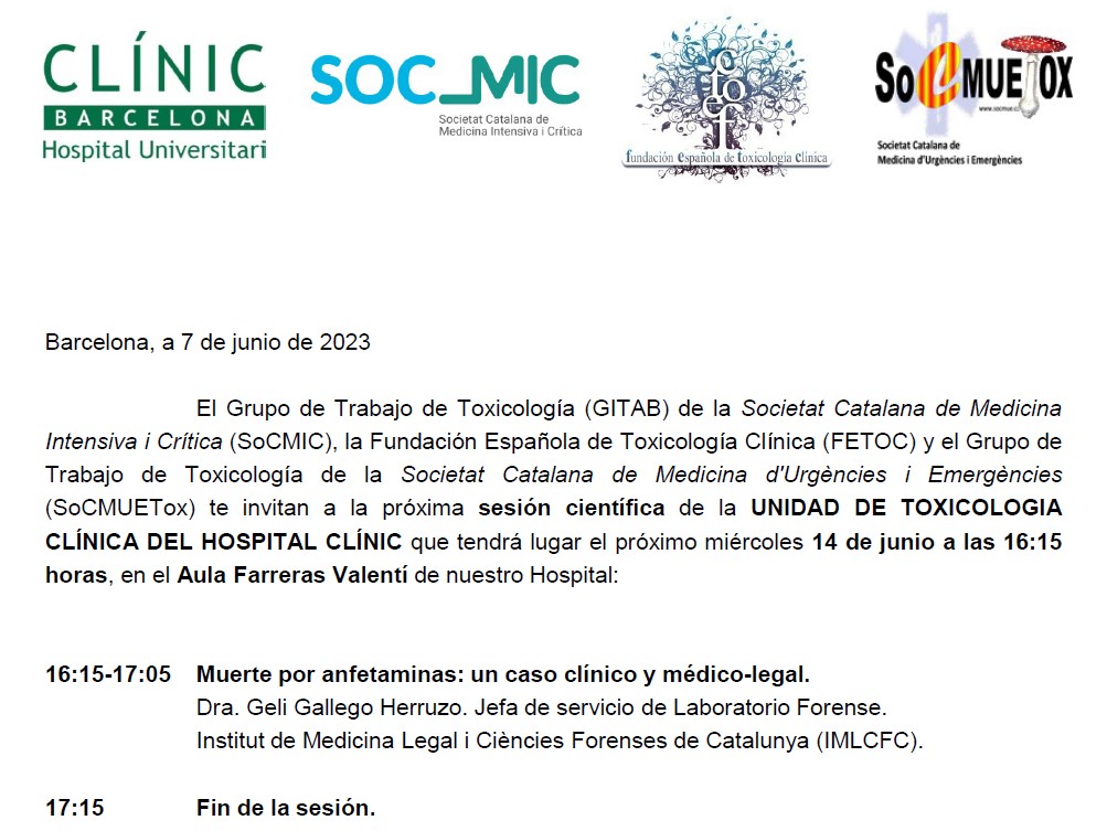 🩺👩‍🔬La Dra. Geli Gallego, Cap del Servei de Laboratori de l'Institut de Medicina Legal i Ciències Forenses de Catalunya de <a href="/justiciacat/">Justícia</a>, ha participat a <a href="/hospitalclinic/">Hospital Clínic</a> a la "sesión científica de Toxicología Clínica en el Enfermo Crítico (GITAB)" organitzada per <a href="/SoCMUE/">SoCMUE</a>, <a href="/SOCMIC/">SOCMIC</a>.