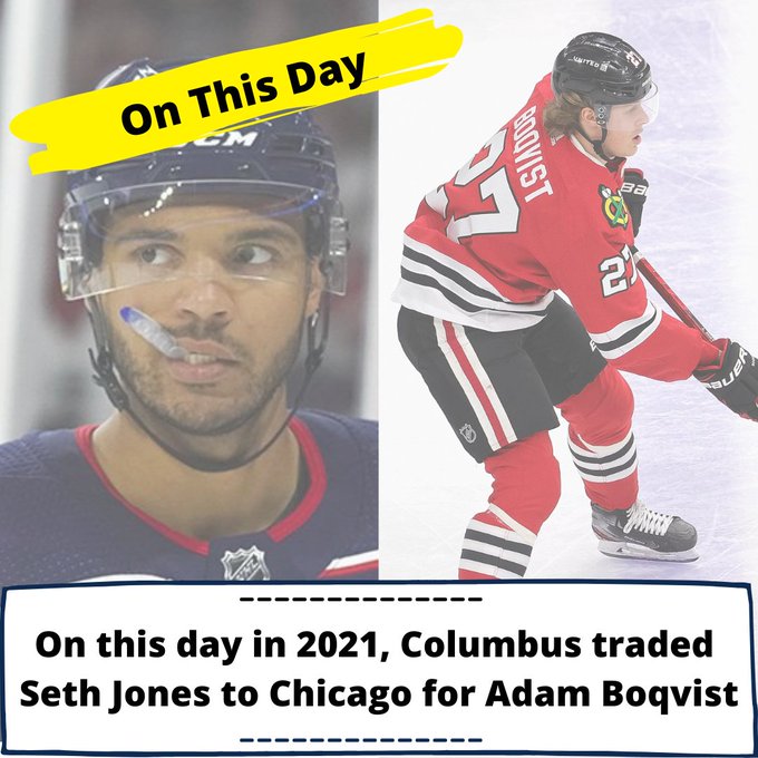 On this day in 2021: Columbus traded Seth Jones, a 2021 1st round pick and a 2022 6th round pick to Chicago for Adam Boqvist, a 2021 1st round pick (Cole Sillinger), a 2021 2nd round pick and a conditional 2022 1st round pick (David Jiricek). #CBJ #Blackhawks #NHL #NHLTwitter https://t.co/d3xFdViR6n