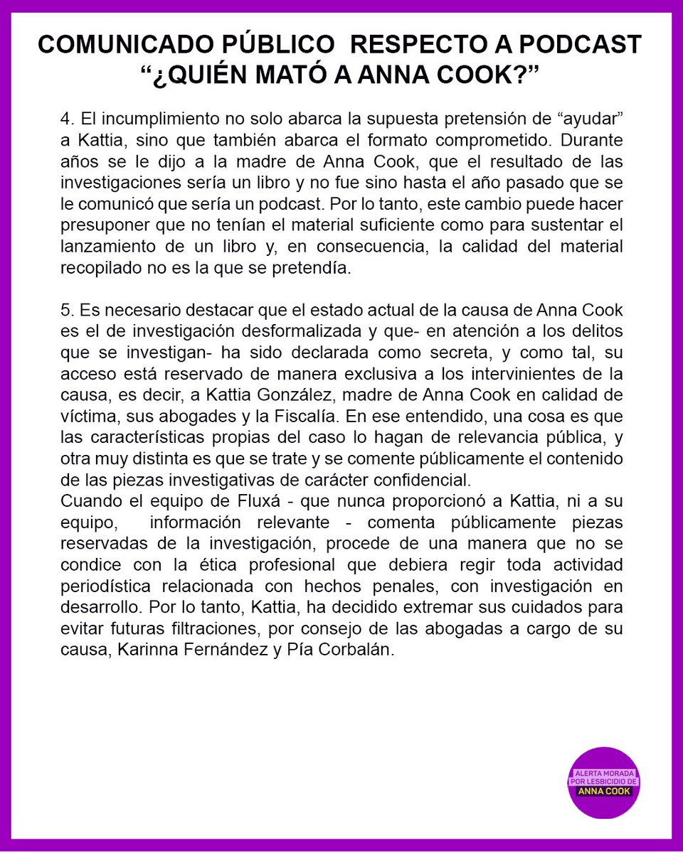 🧵COMUNICADO OFICIAL EN MOTIVO DEL PODCAST “¿QUIÉN MATÓ A ANNA COOK?” 🚨

Comunicado completo en PDF e imágenes en el link de la biografía para SU LIBRE DIFUSIÓN