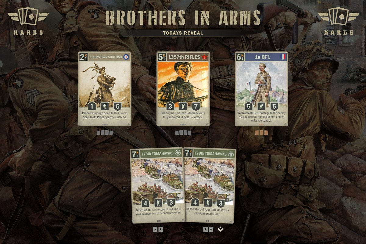🔥NEW CARD ALERT🔥

Unveiling 3+2 more cards for the 'Brothers in Arms' summer expansion on June 27th! Elevate your #KARDS game and prepare for battle! 

Want more info? Check kards.com/article/brothe… 

#WW2 #CCG #BrothersInArms #CardGame #NewRelease