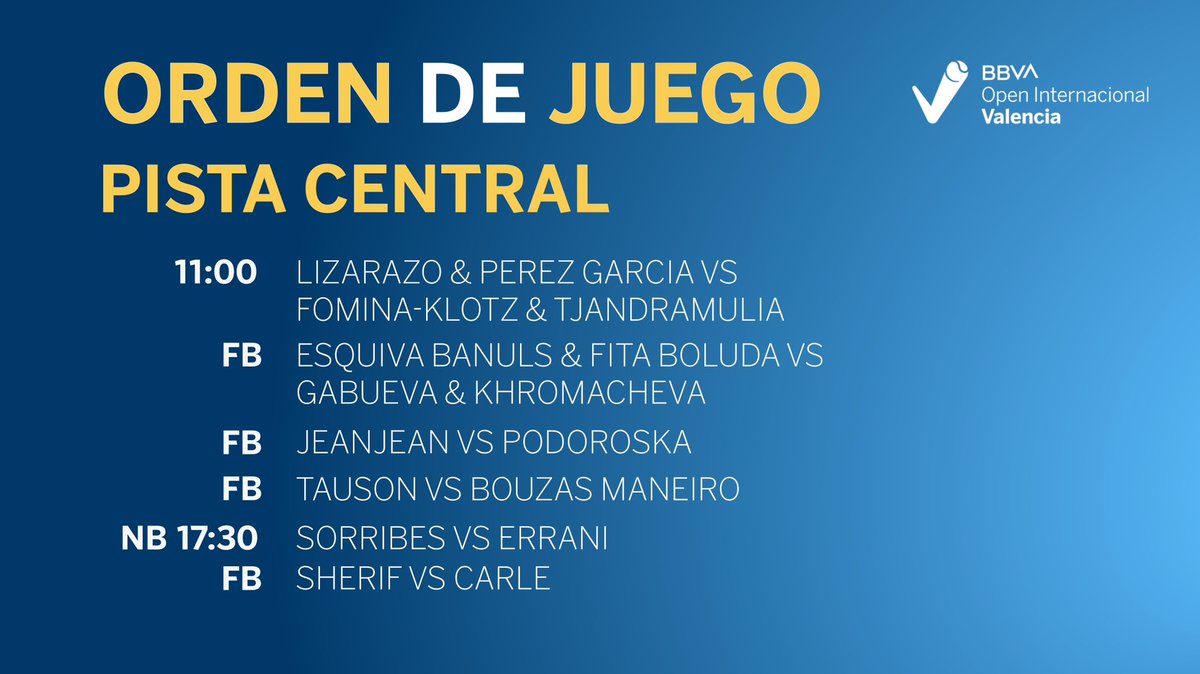 BBVA Open Internacional de Valencia (@bbvaopenval) on Twitter photo 🎾 ORDEN DE JUEGO 🎾
🗓️ Jueves, 15 de junio
⏰ 11.00 am
📍 <a href="/Sportingtenis/">Sporting Club de Tenis</a>
<a href="/WTA/">wta</a> | <a href="/WTA_Espanol/">WTA Español</a> | #BBVAOpenVal 🎾 ORDEN DE JUEGO 🎾
🗓️ Jueves, 15 de junio
⏰ 11.00 am
📍 <a href="/Sportingtenis/">Sporting Club de Tenis</a>
<a href="/WTA/">wta</a> | <a href="/WTA_Espanol/">WTA Español</a> | #BBVAOpenVal