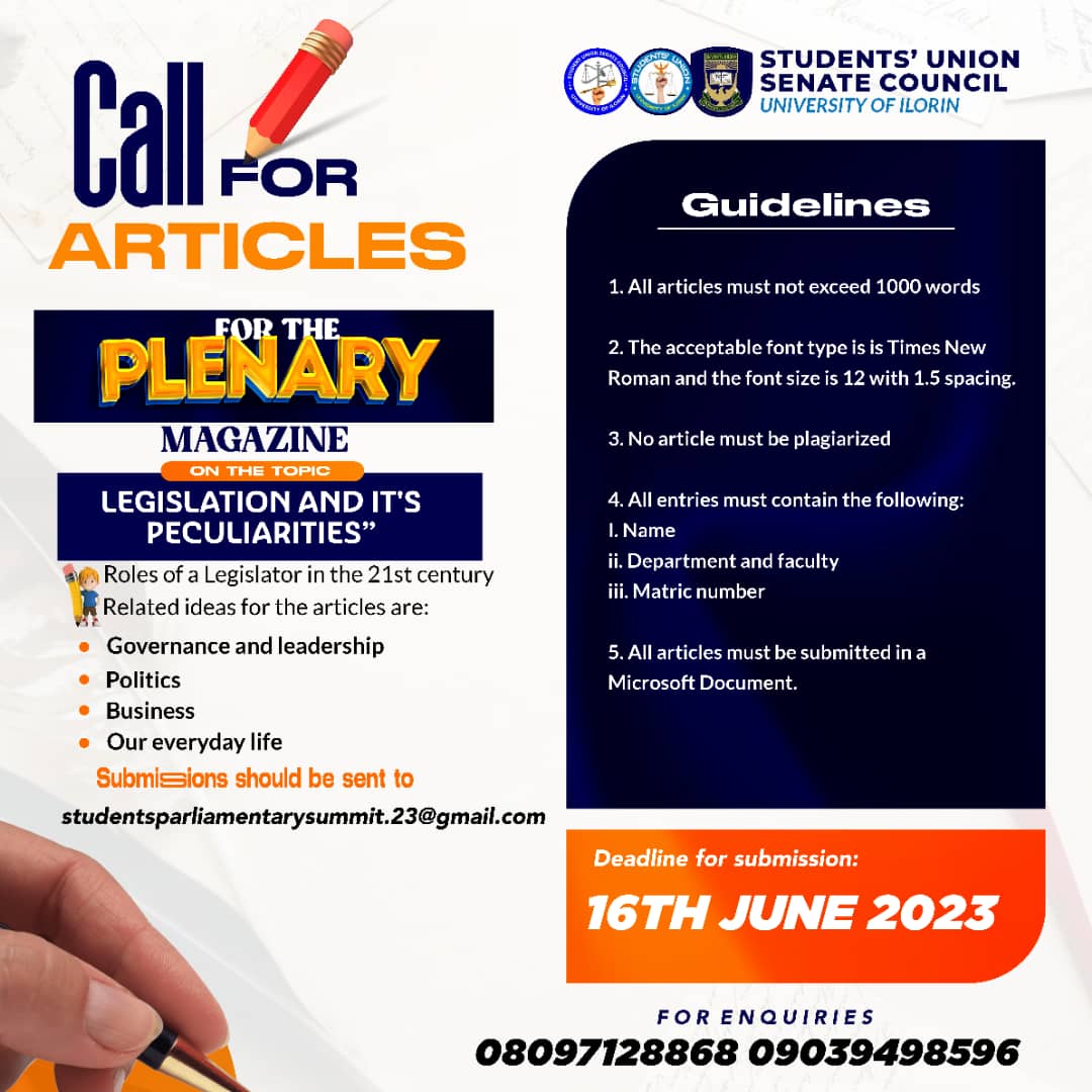 el_mutazabbir's tweet photo. Extension❕Extension❕❗ Extension

Creative writers 🖊️✒️🖋️ Featuring  your articles on The Plenary Magazine is absolutely FREE💯💯💯
Do not procastinate anymore, deadline has been extended!!!
Not a writer🤷‍♂️ NO Problem! Tag your writing Pros. 

#UnilorinSCSPS4_0 https://t.co/0qUYMbG86b