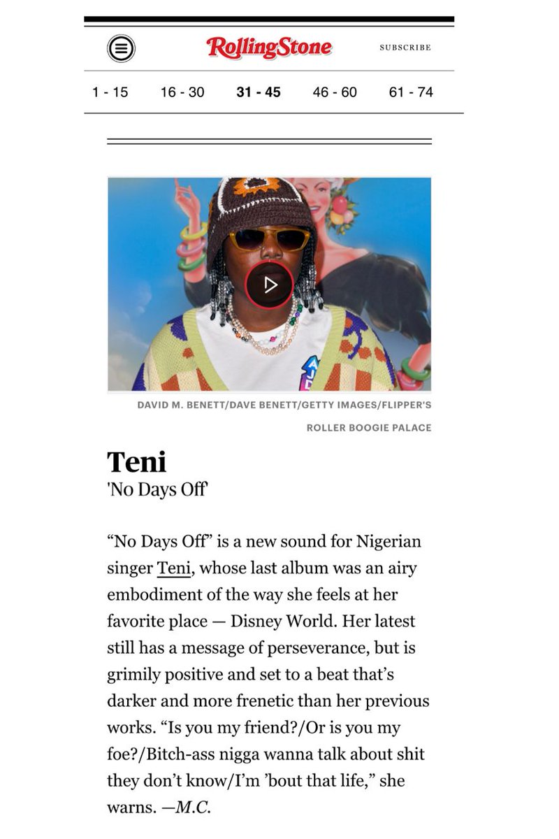 Teni 'No days off' among the top  Rolling Stone songs in 2023 🔥🔥🔥