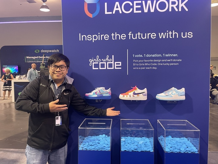 Lacework's tweet photo. Congratulations to the winner of our custom shoe raffle, Kevin Le! π π We also thank everyone who participated, and will donate to @GirlsWhoCode for each vote cast. π#WeAreLacework #AWSreInforce https://t.co/humw6ekm0A