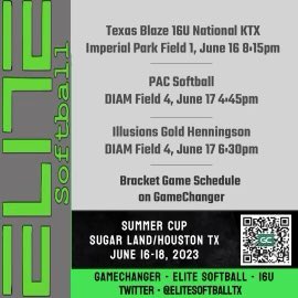 Our schedule for this weekend in Sugarland!! Come out and watch us!! <a href="/EliteSoftballTx/">Elite Softball</a>