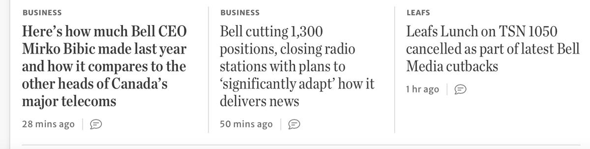 Hard to miss these three stories side by side on the <a href="/TorontoStar/">Toronto Star</a> website when Mirko Bibic, president and CEO of Bell Canada since January 2020, received $13.59 million in total compensation last year. That’s up nearly 20 per cent, or $2.45 million. #bellcanada #layoffs