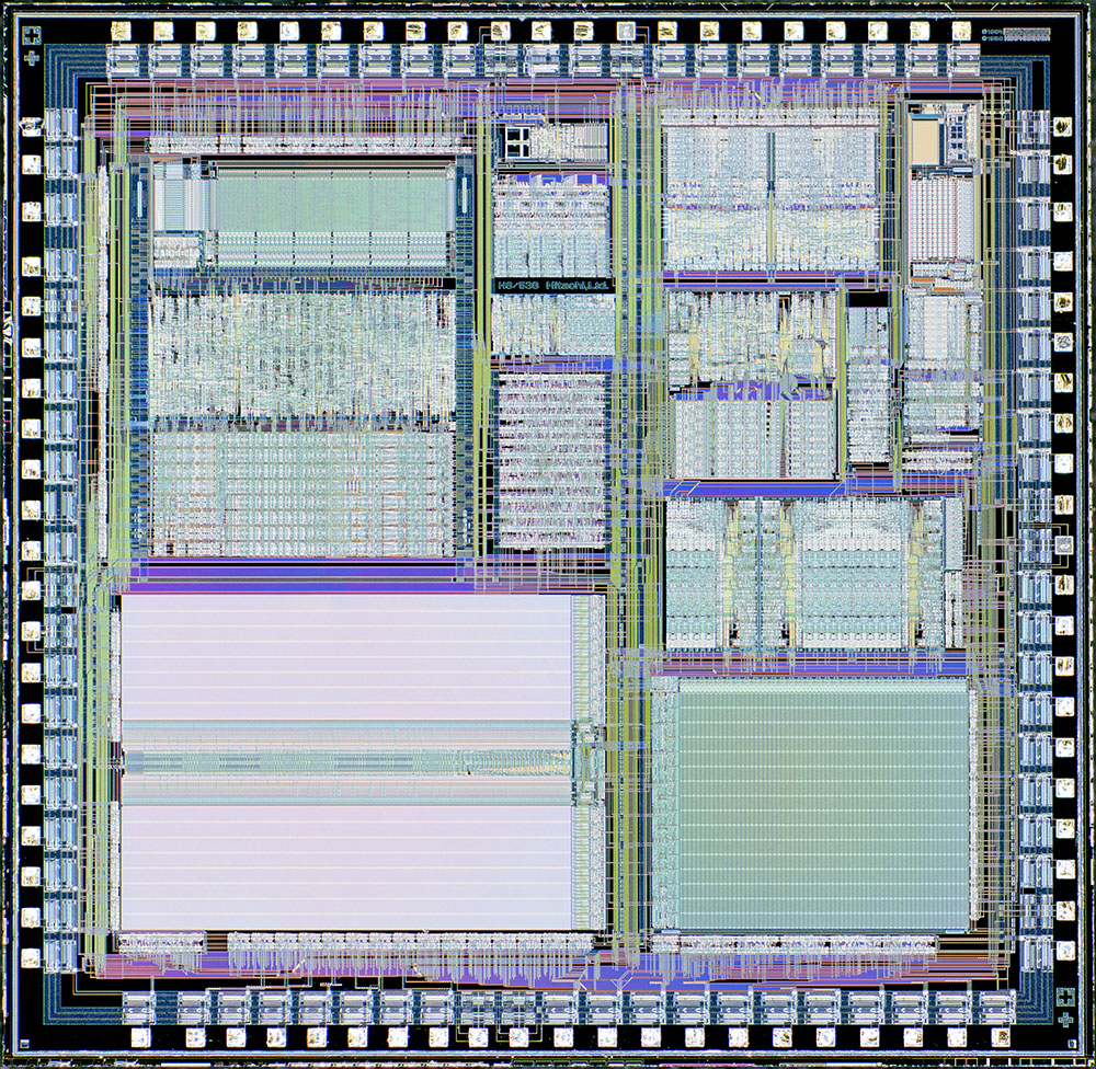 Hitachi HD6435368 (1994)
The H8/536 is a 16-bit single chip CMOS microcontroller with 2kB RAM, 62kB mask ROM, UART, 10-bit ADC and 3 channel PWM. The H8 family was very popular and used in many consumer electronic products, notably CD-ROM drives and VCRs.