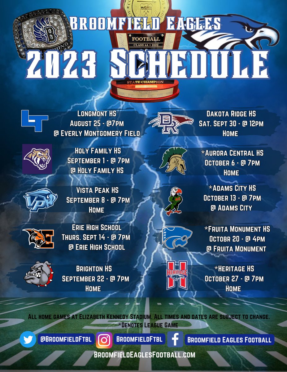 2023 SEASON SCHEDULE! 
We. Can’t. Wait. See you this Fall! Go Eagles! 
#EagleDNA #SOHA #StateChamps #fridaynightlights #highschoolfootball 
@chsaa @CoachOBrien