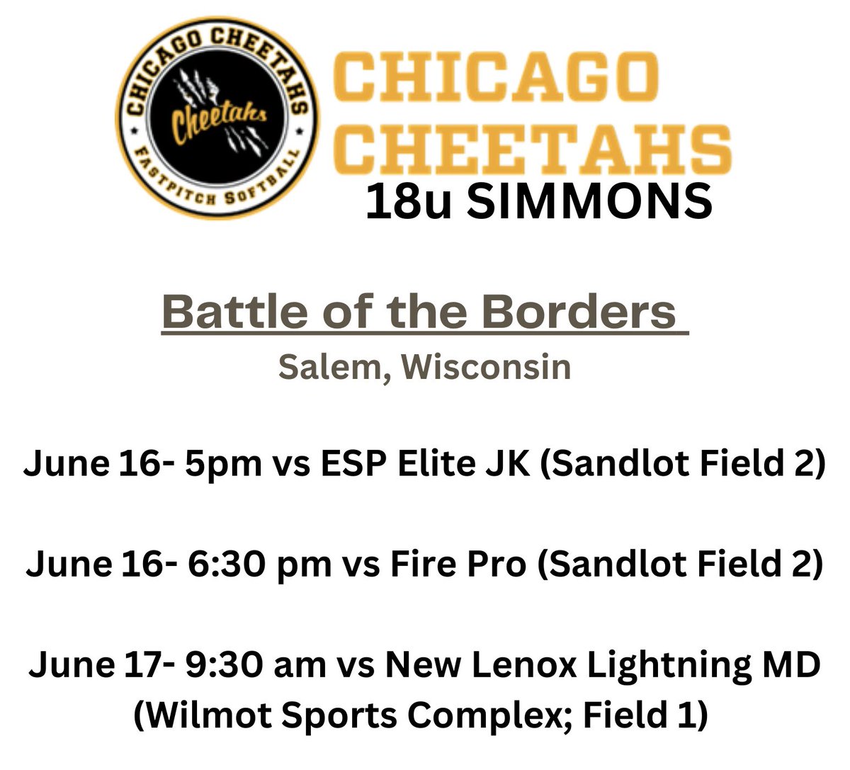 Here is our schedule for this weekend in Salem, Wisconsin @18uCheetahsBS
