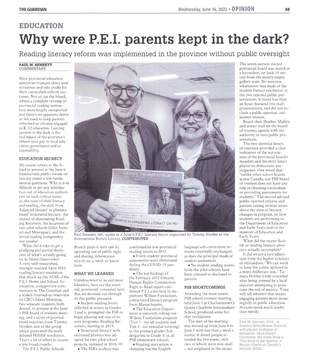 Reading Literacy Reform: Why were P.E.I. Parents Kept in the Dark?  What we Learned in today's Charlottetown Guardian @SaltWireNews Ty @TammyNorden for your advocacy.  Over to @dennyking @NatalieJ_PEI @SarahA  @HalifaxLearning #PEIed #PEIpoli #cdned
