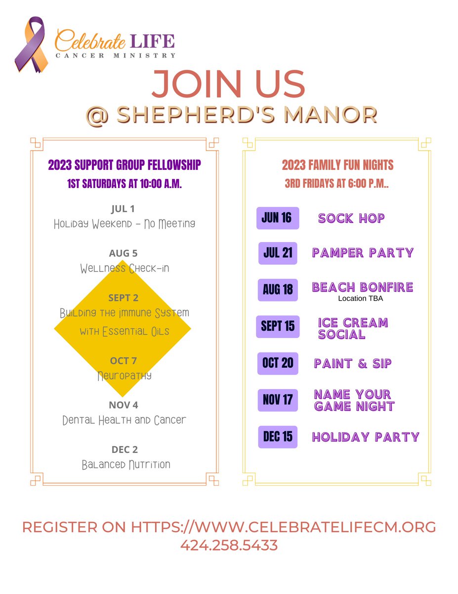 Are we on your calendar? Here's the schedule of monthly support group meetings and family fun nights for the rest of 2023 (June - December). 
Take note. Print it out. Put it on your refrigerator. You don't want to miss out... 😉
Download the PDF at celebratelifecm.org/calendar