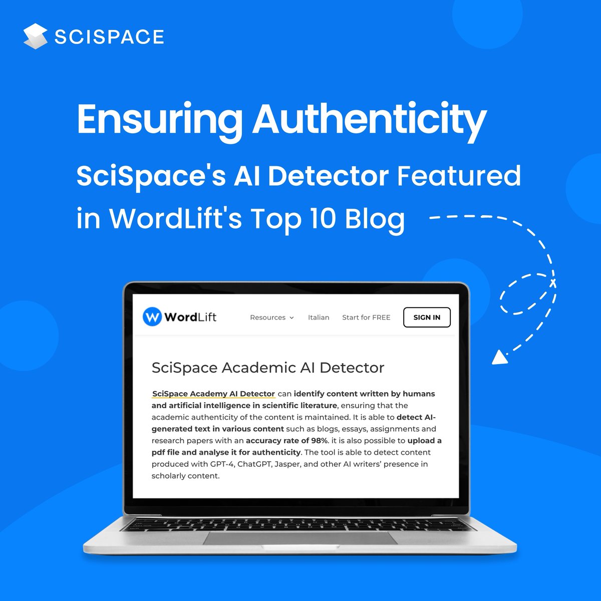 🙌 Thanks @wordliftit for featuring SciSpace Academic AI Detector in their blog!  Honored to be recognized among the top tools! Check out the blog & learn how our AI Detector ensures content authenticity. Read more: bit.ly/3N0xhss

#AIinEducation #WritingCommunity